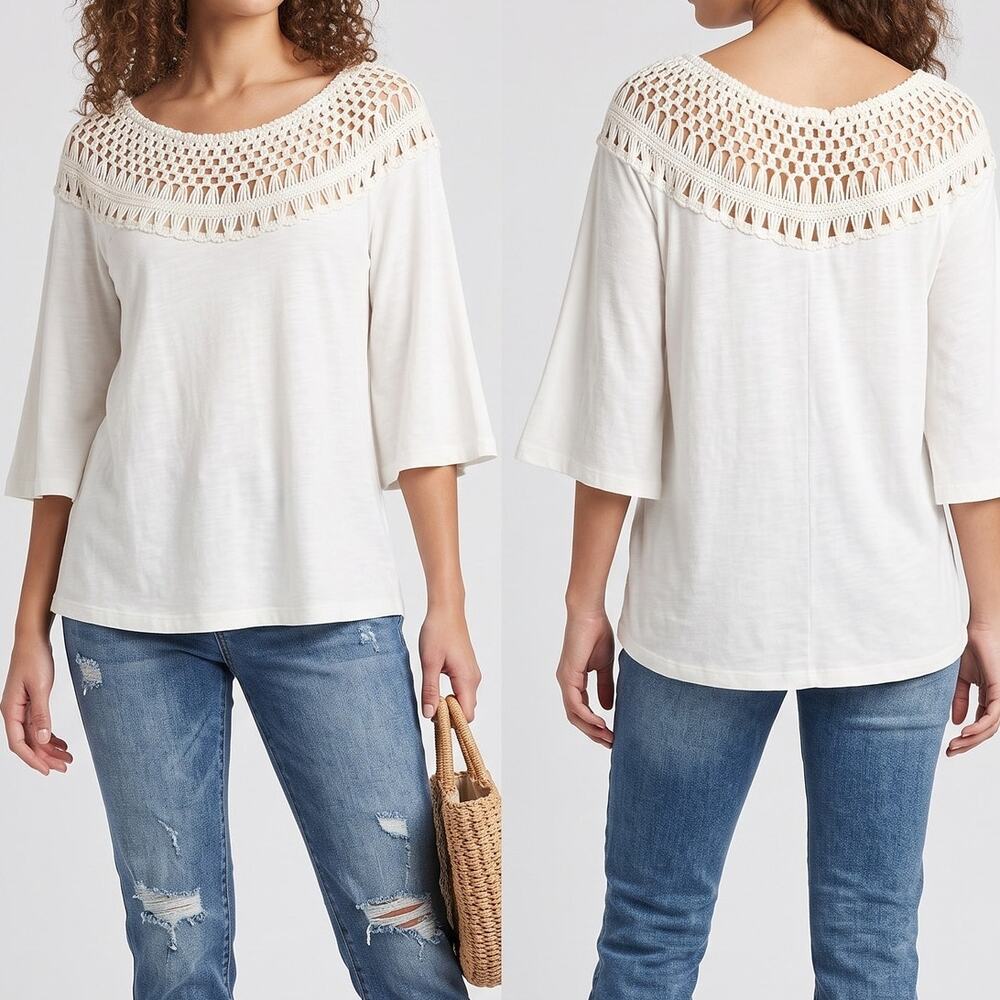 Blue B. Collection Small Soft Cream White Crochet Neckline Top